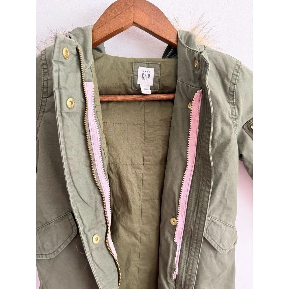 Baby Gap Toddler 3 Years Olive Green Faux Fur Hood Utility Parka Jacket